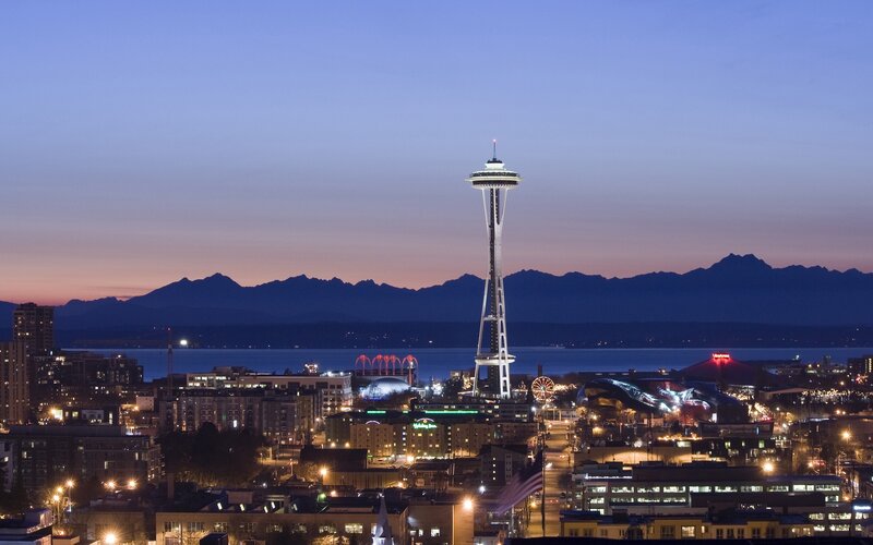 Seattle Cityscape at Dusk — Blue, Serene, Sunset