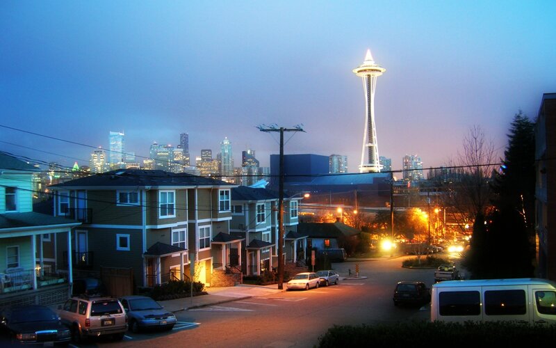 Seattle Skyline at Dusk — Blue, Calm, Night, Photograph, Space Needle, Apartments
