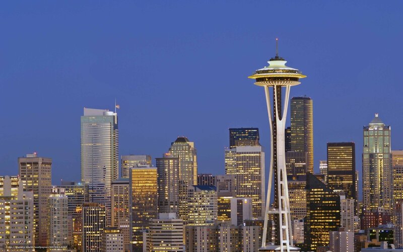 Seattle Skyline at Dusk — Blue, Calm, Night, Photograph, Space Needle, Skyscrapers