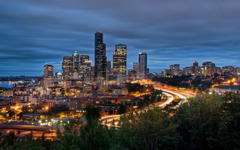 Seattle Skyline at Dusk — Blue, Calm, Night, Photograph