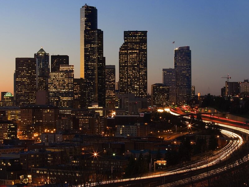 Seattle Skyline at Dusk — Blue, Calm, Night