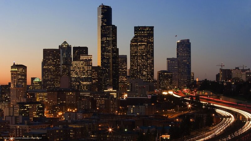 Seattle Skyline at Dusk — Blue, Calm, Sunset