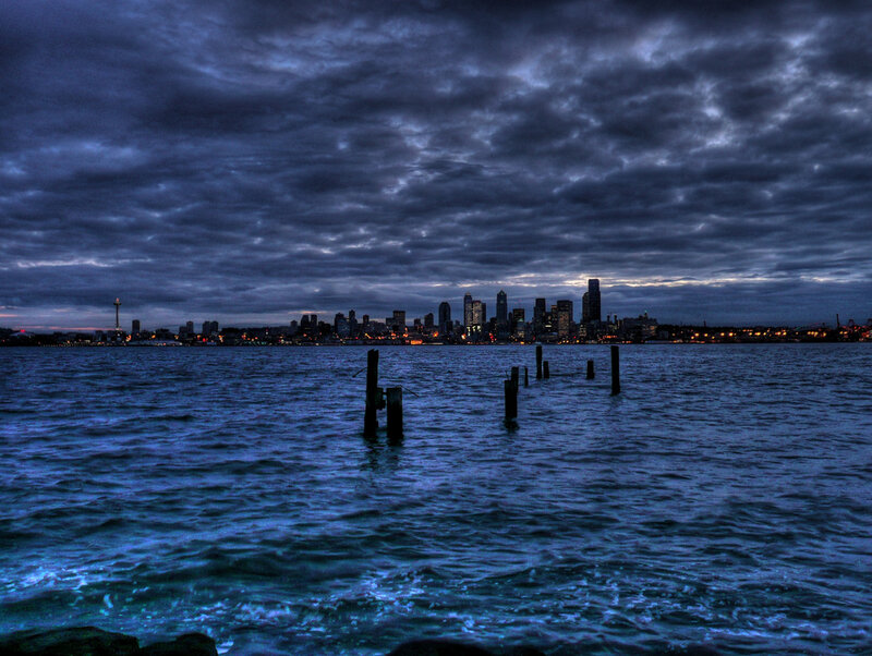 Seattle Skyline at Dusk — Blue, Dramatic, Night, Photograph, Clouds
