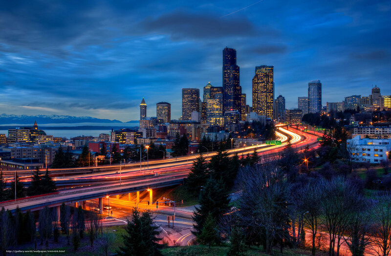 Seattle Skyline at Dusk — Blue, Dramatic, Night, Photograph, Highway, Mountains