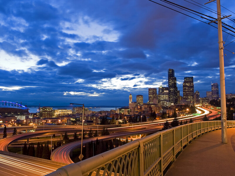 Seattle Skyline at Dusk — Blue, Dramatic, Night, Photograph, Highway, Skyscrapers, Bridge