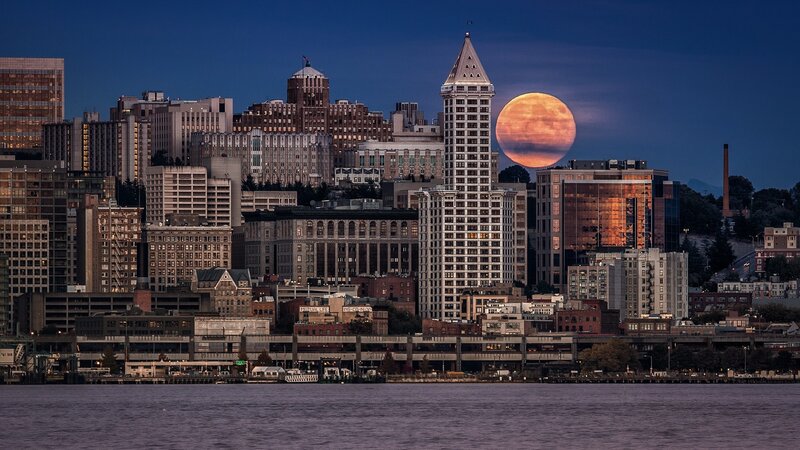 Seattle Skyline at Dusk — Blue, Dramatic, Night, Photograph, Moon