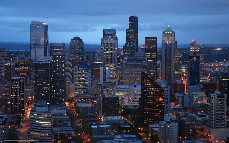 Seattle Skyline at Dusk — Blue, Dramatic, Night, Photograph, Skyscrapers, City Lights