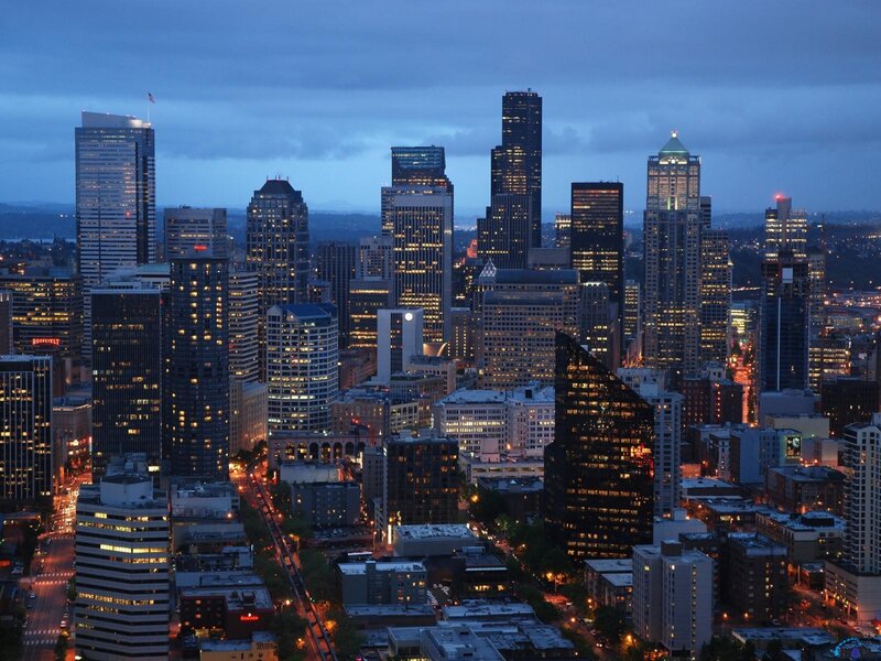 Seattle Skyline at Dusk — Blue, Dramatic, Night, Photograph, Skyscrapers