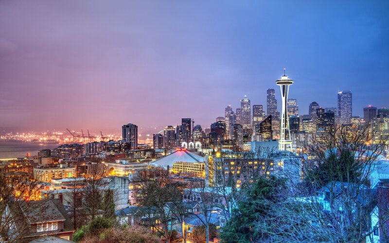 Seattle Skyline at Dusk — Blue, Dramatic, Night, Photograph, Space Needle, Buildings
