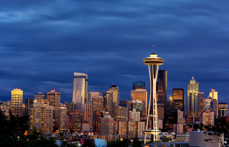 Seattle Skyline at Dusk — Blue, Dramatic, Night, Photograph, Space Needle, Skyscrapers, Clouds