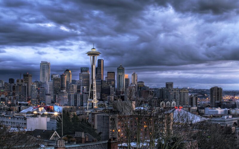 Seattle Skyline at Dusk — Blue, Dramatic, Night, Photograph, Space Needle