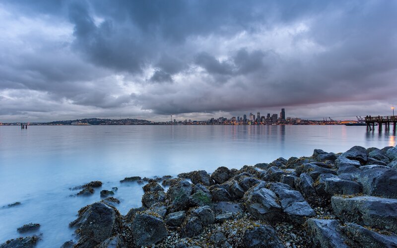 Seattle Skyline at Dusk — Blue, Dramatic, Sunset, Photograph, Rocks