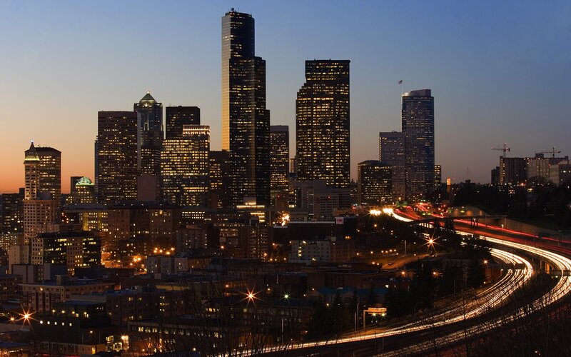 Seattle Skyline at Dusk — Blue, Dramatic, Sunset, Photograph, Skyscrapers