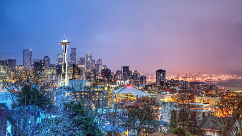 Seattle Skyline at Dusk — Blue, Dramatic, Sunset, Photograph