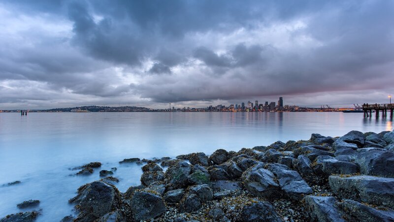 Seattle Skyline at Dusk — Blue, Dramatic, Sunset