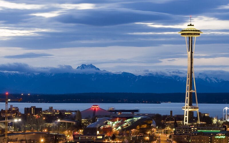 Seattle Skyline at Dusk — Blue, Serene, Night, Photograph, Space Needle, Mountains, Lake