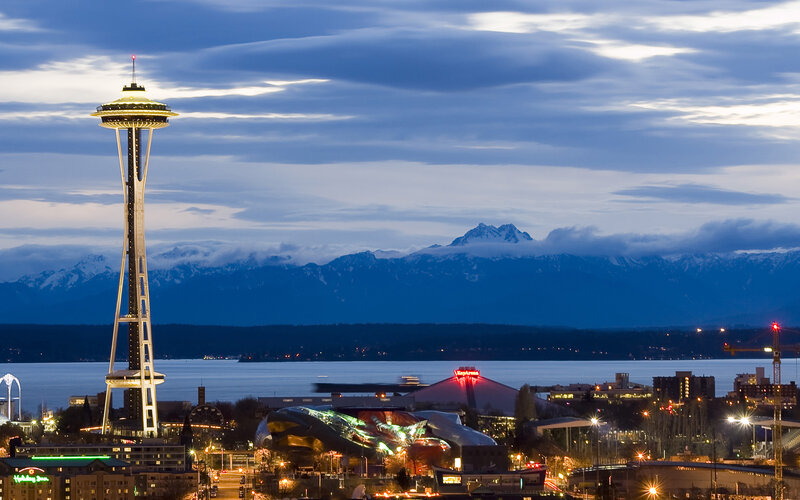 Seattle Skyline at Dusk — Blue, Serene, Night, Photograph, Space Needle, Mountains