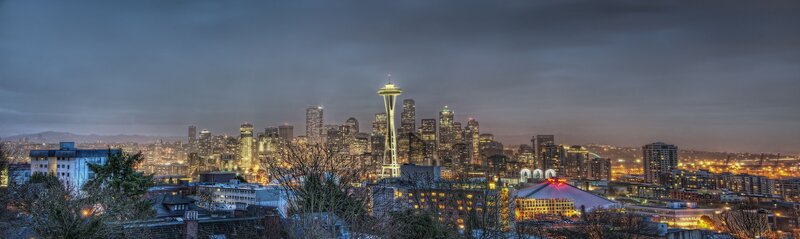 Seattle Skyline at Dusk — Gray, Dramatic, Night, Photograph, Space Needle