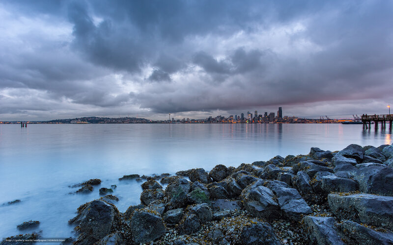 Seattle Skyline at Dusk — Gray, Dramatic, Night, Photograph