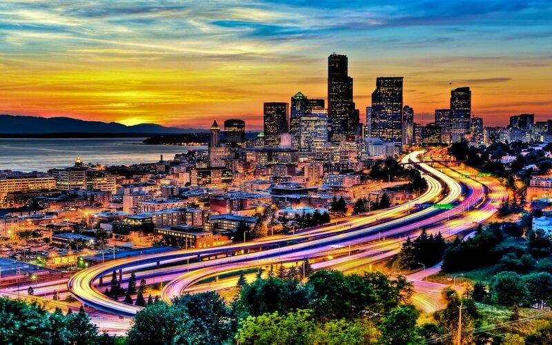 Seattle Skyline at Dusk — Orange, Dramatic