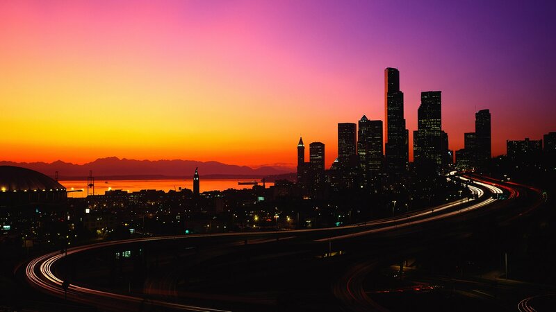 Seattle Skyline at Dusk — Purple, Dramatic, Sunset, Photograph, Highway, Mountains, Stadium, Orange