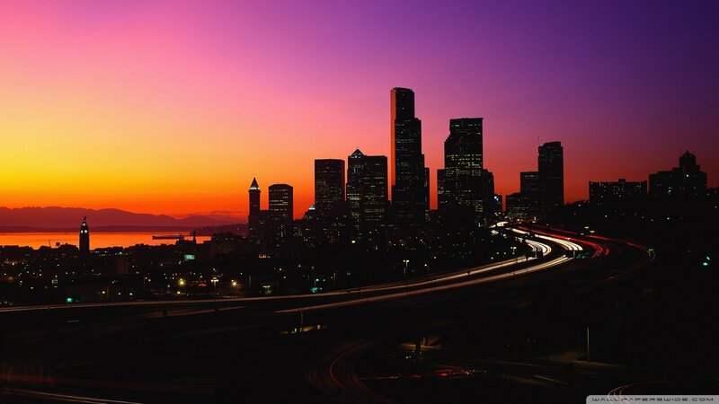 Seattle Skyline at Dusk — Purple, Dramatic, Sunset, Photograph, Highway, Skyscrapers
