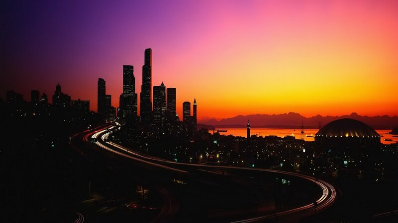 Seattle Skyline at Dusk — Purple, Dramatic, Sunset, Photograph