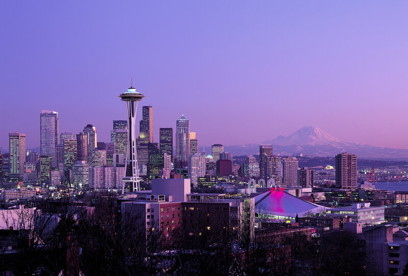 Seattle Skyline at Dusk — Purple, Serene, Sunset, Photograph, Space Needle, Mount Rainier, City Buildings, Dome Structure