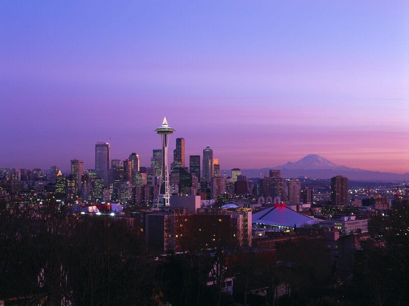 Seattle Skyline at Dusk — Purple, Serene, Sunset, Photograph, Space Needle, Mount Rainier, City Buildings