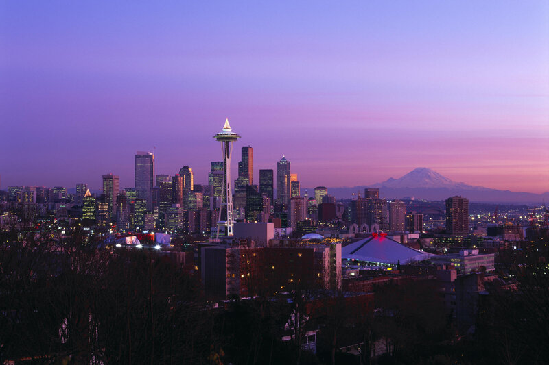 Seattle Skyline at Dusk — Purple, Serene, Sunset, Photograph, Space Needle, Mount Rainier, City Lights, Pink, Blue