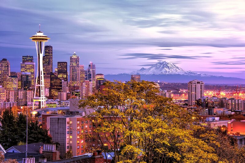 Seattle Skyline at Dusk — Purple, Serene, Sunset