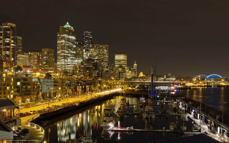 Seattle Skyline at Night — Black, Calm, Photograph, Skyscraper
