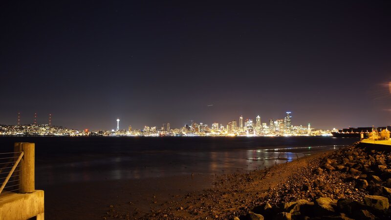 Seattle Skyline at Night — Black, Calm, Photograph, Space Needle, City Lights