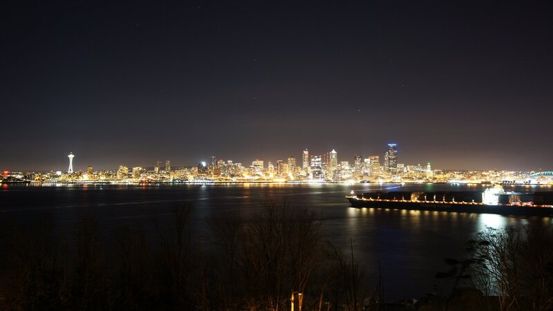 Seattle Skyline at Night — Black, Calm, Photograph, Space Needle