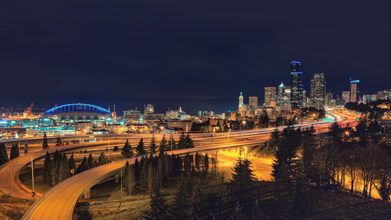 Seattle Skyline at Night — Black, Dramatic, Photograph, Highway