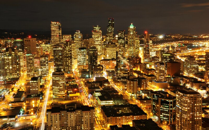 Seattle Skyline at Night — Black, Dramatic, Photograph, Skyscrapers, City Lights