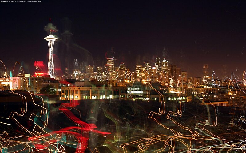 Seattle Skyline at Night — Black, Dramatic, Photograph, Space Needle, City Lights, Light Trails