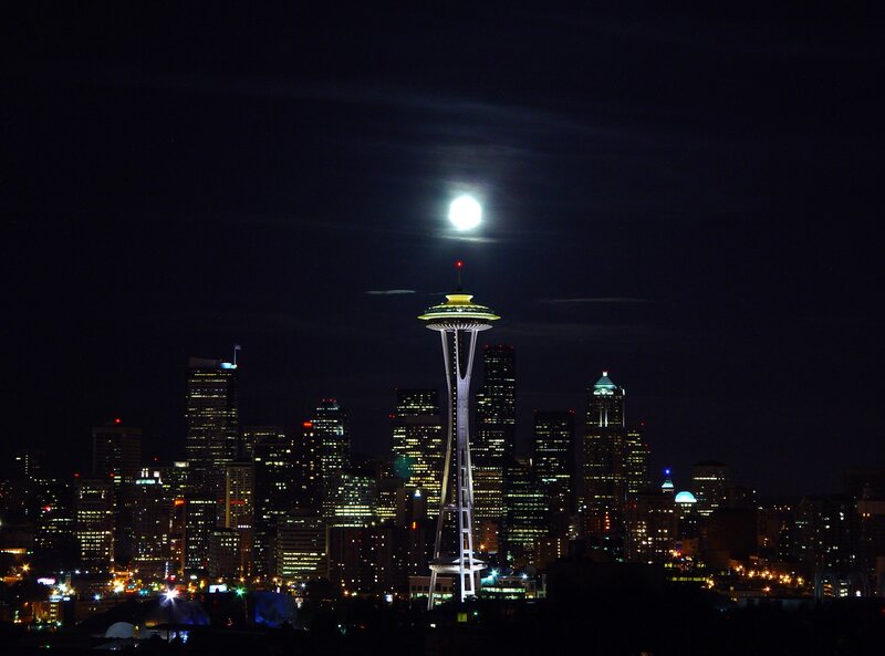 Seattle Skyline at Night — Black, Dramatic, Photograph, Space Needle, Moon