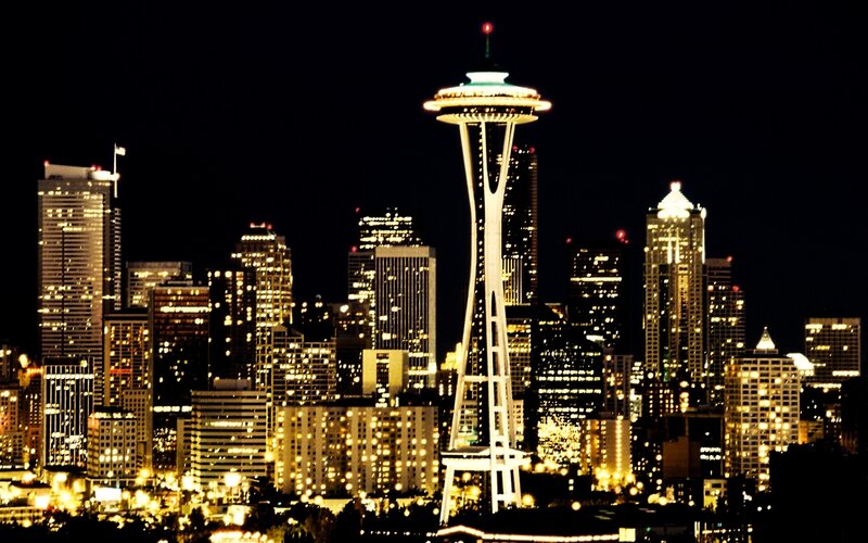 Seattle Skyline at Night — Black, Dramatic, Photograph, Space Needle, Skyscrapers