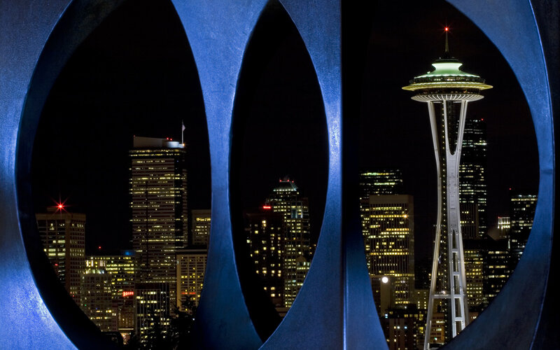Seattle Skyline at Night — Black, Dramatic, Photograph, Space Needle