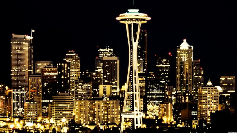 Seattle Skyline at Night — Black, Dramatic, Photograph