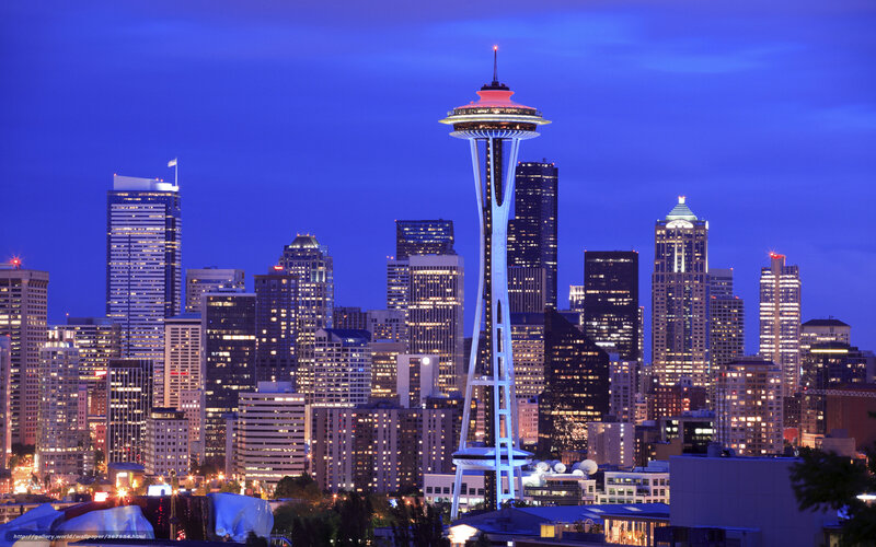 Seattle Skyline at Night — Blue, Calm, Photograph, Space Needle, Skyscrapers