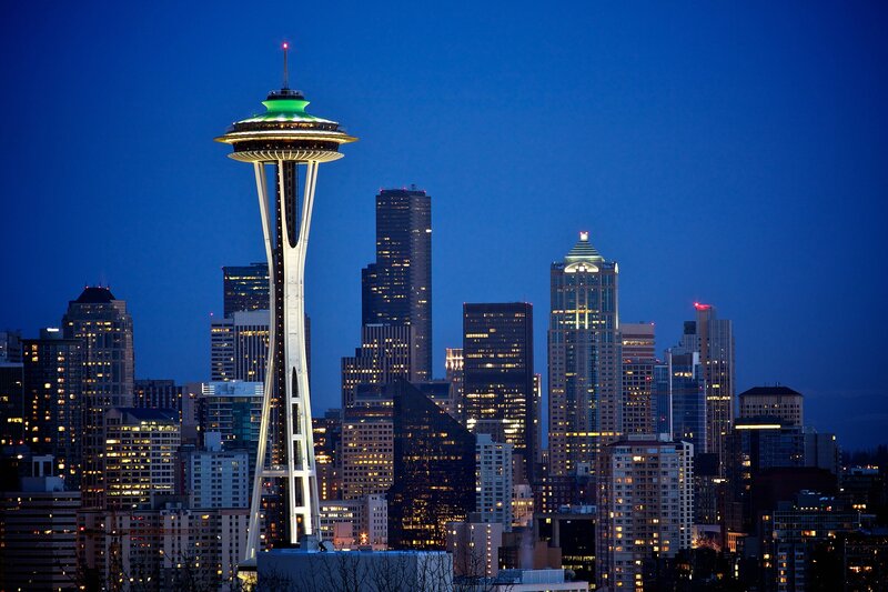 Seattle Skyline at Night — Blue, Calm, Photograph, Space Needle