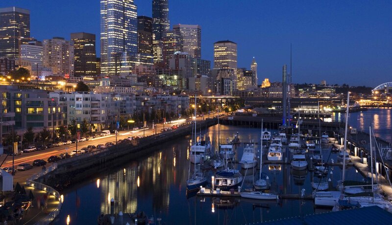 Seattle Skyline at Night — Blue, Calm, Photograph