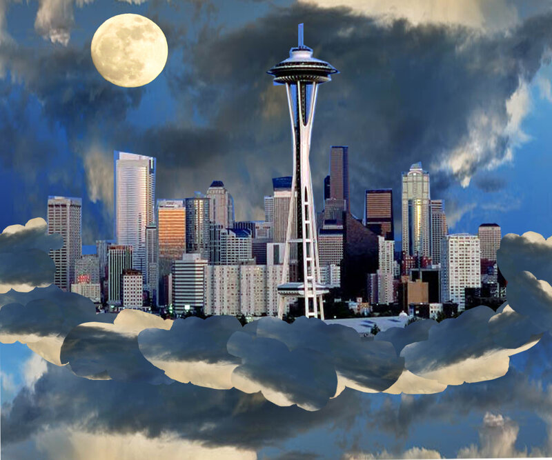 Seattle Skyline at Night — Blue, Dramatic, Digital Art