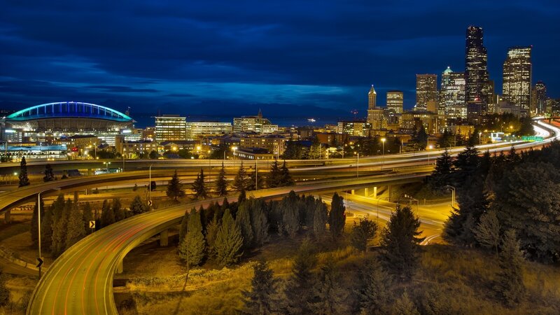 Seattle Skyline at Night — Blue, Dramatic, Photograph, Highway