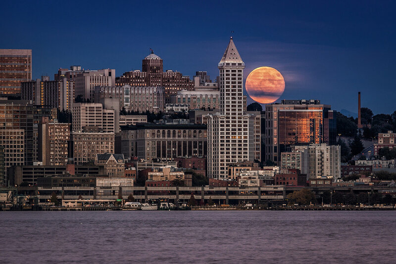 Seattle Skyline at Night — Blue, Dramatic, Photograph, Moon