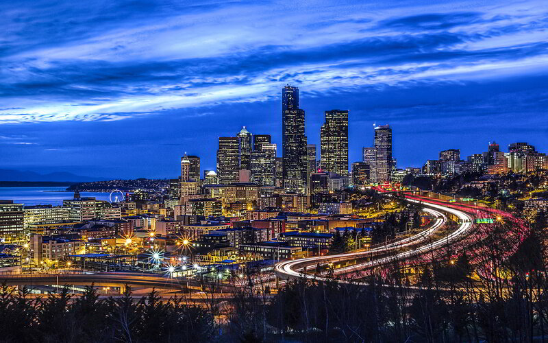 Seattle Skyline at Night — Blue, Dramatic, Photograph, Skyscrapers, Highway