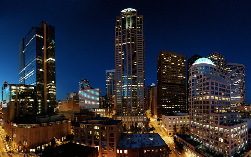 Seattle Skyline at Night — Blue, Dramatic, Photograph, Skyscrapers