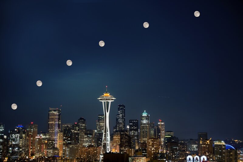 Seattle Skyline at Night — Blue, Dramatic, Photograph, Space Needle
